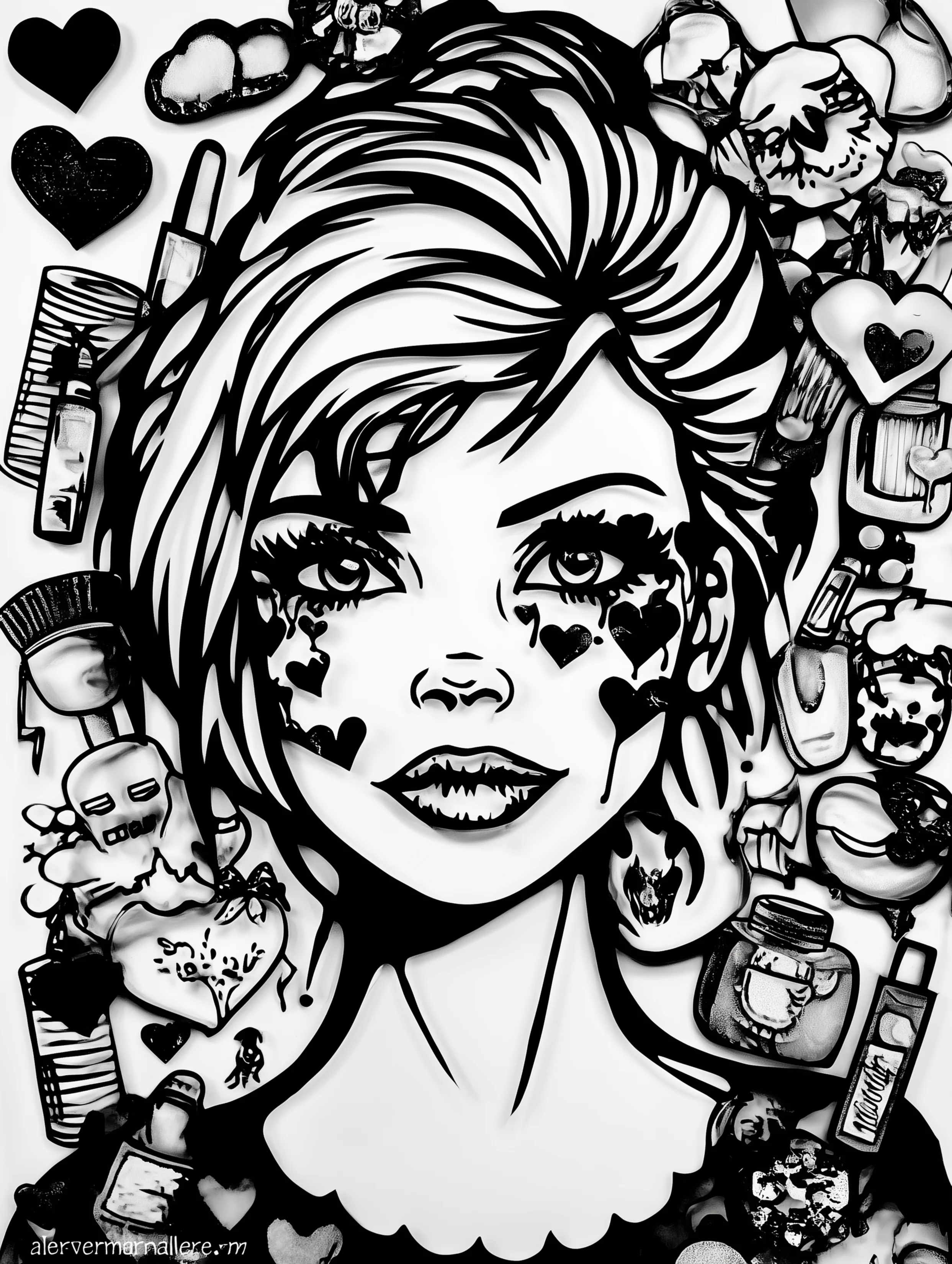 Free printable makeup coloring page for adults featuring hearts drawn on the face
